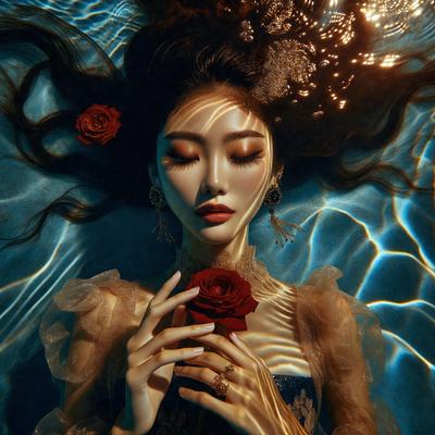 The primary subject of the image is a woman with long hair, who is lying in a pool of water. She is holding a rose in her hand, and there are more roses around her. The setting is a swimming pool, and the visual style appears to be a digital art or illustration. The colors in the image are predominantly blue and red, creating a serene and romantic atmosphere.